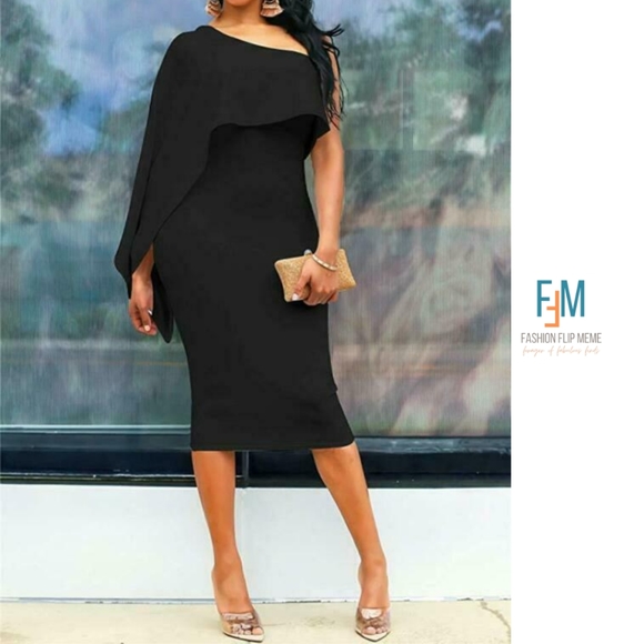 New! One-Shoulder Batwing Drape Bodycon Midi Dress, XL - Picture 3 of 11